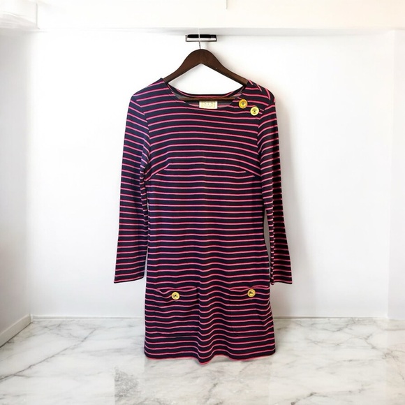 Sail to Sable Nautical Stripe L/Sleeve Dress Gold Buttons Pockets Navy/Pink XS - Picture 1 of 7